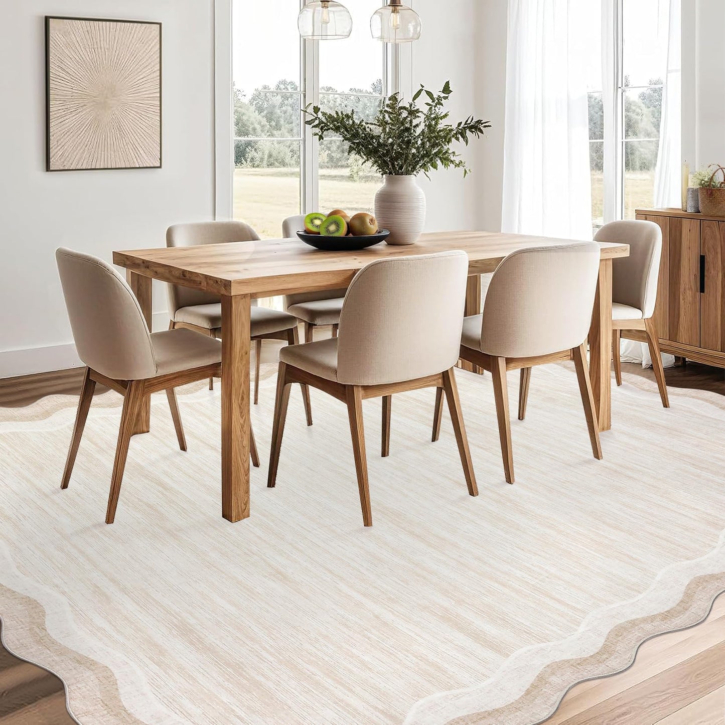 GarveeHome Washable Rugs 8x10 Scallop Solid Living Room Rug Scalloped Rug with Non-Slip Backing, Stain-Resistant Low Pile Easy Cleaning Rugs, Soft Modern Carpet for Bedroom Playroom Nursery,Beige