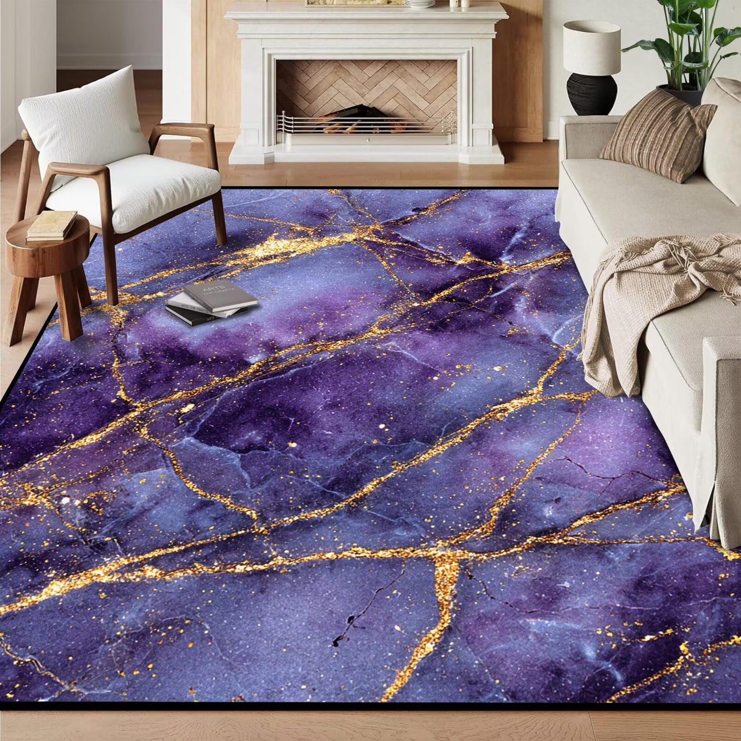 FUYEUN 5' x 7' Marble Area Rug Morden Abstract Throw Rugs for Classroom Bedroom Dorm Living Room Home Teens Carpet Home Decor Washable, 63" x 83", Purple and Gold