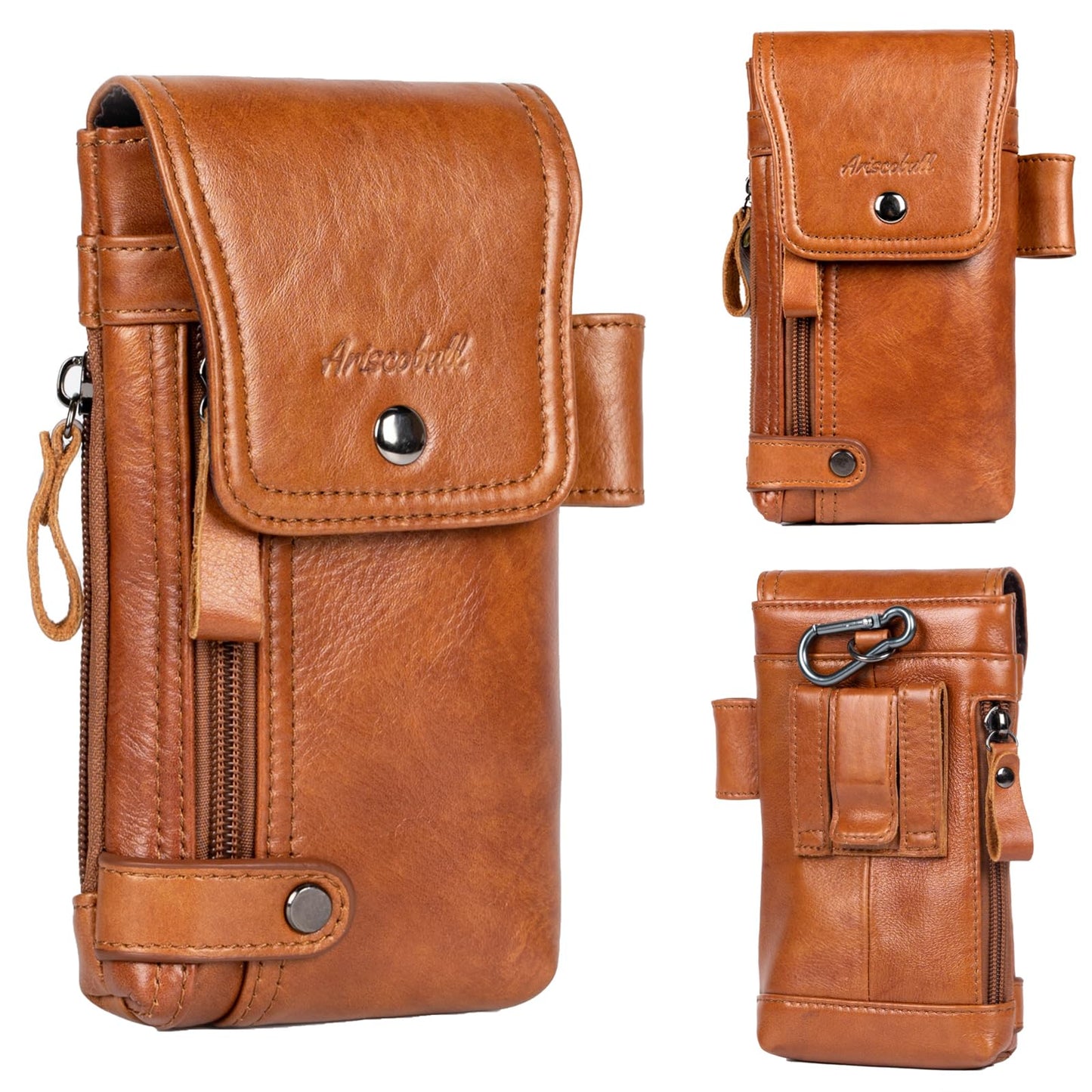 Ariscobull - Leather Phone Holster - Genuine Full-Grain Buffalo Leather Cell Phone Holsters - for iPhone 16, 15, 14, 13pro, Galaxy S24, S23, S22 (Brown, Large)
