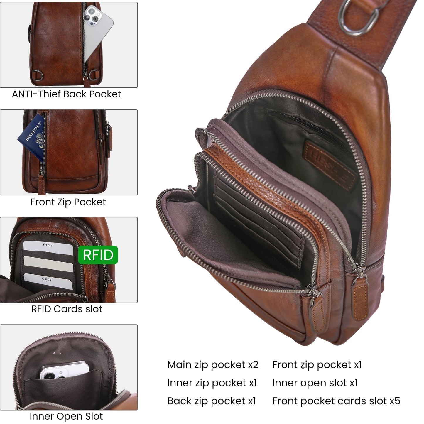HESHE Leather Sling Bag for Women Crossbody Bags with Multi-Pocket Stylish Fanny Packs for Travel Chest Bag (Coffee)