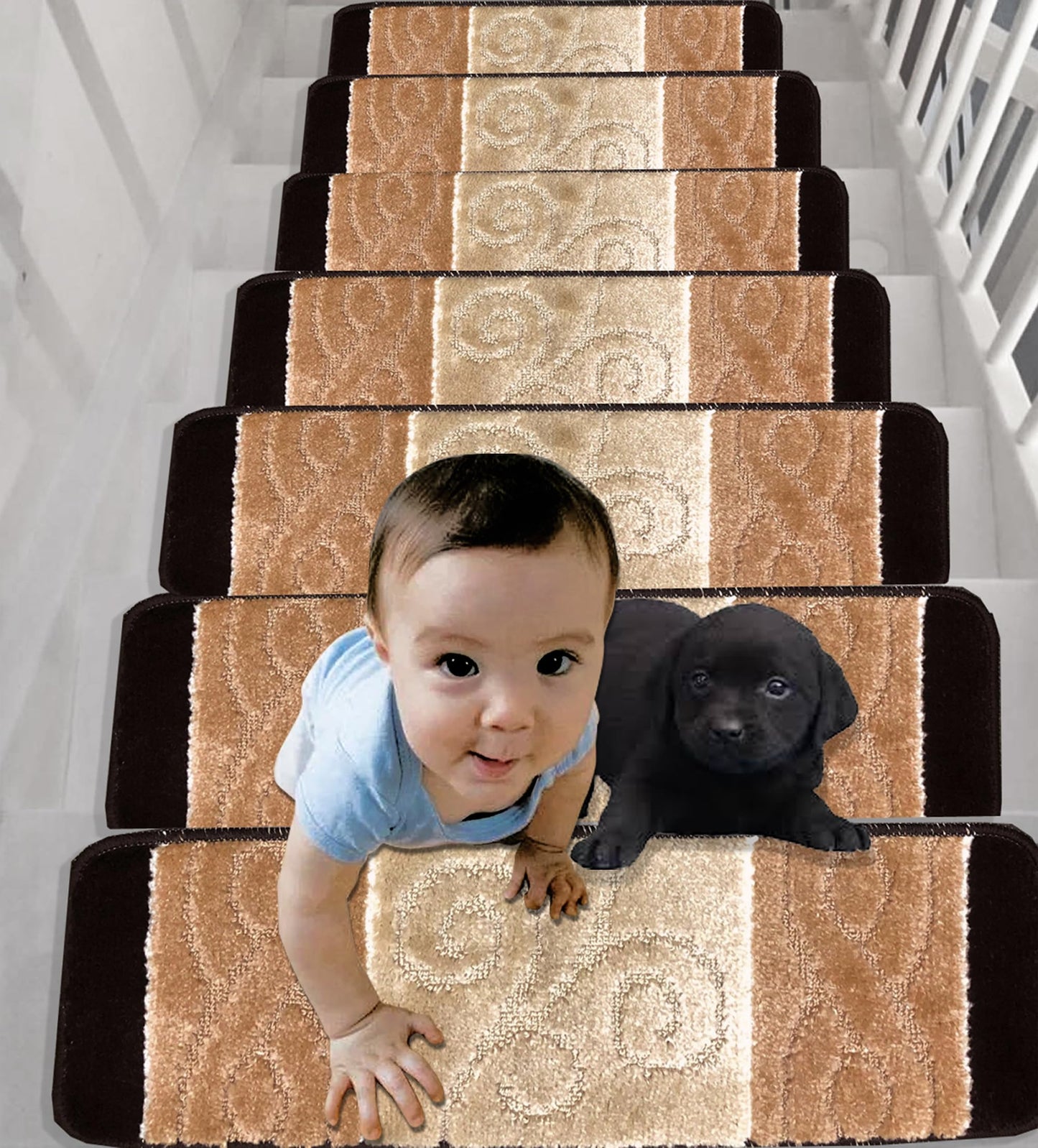 Gloria Rug High Pile Skid-Resistant Rubber Backing Gripper Carpet Stair Treads - Washable Stair Mat (Set of 7), 8.5" x 26" (2203 BGE)…