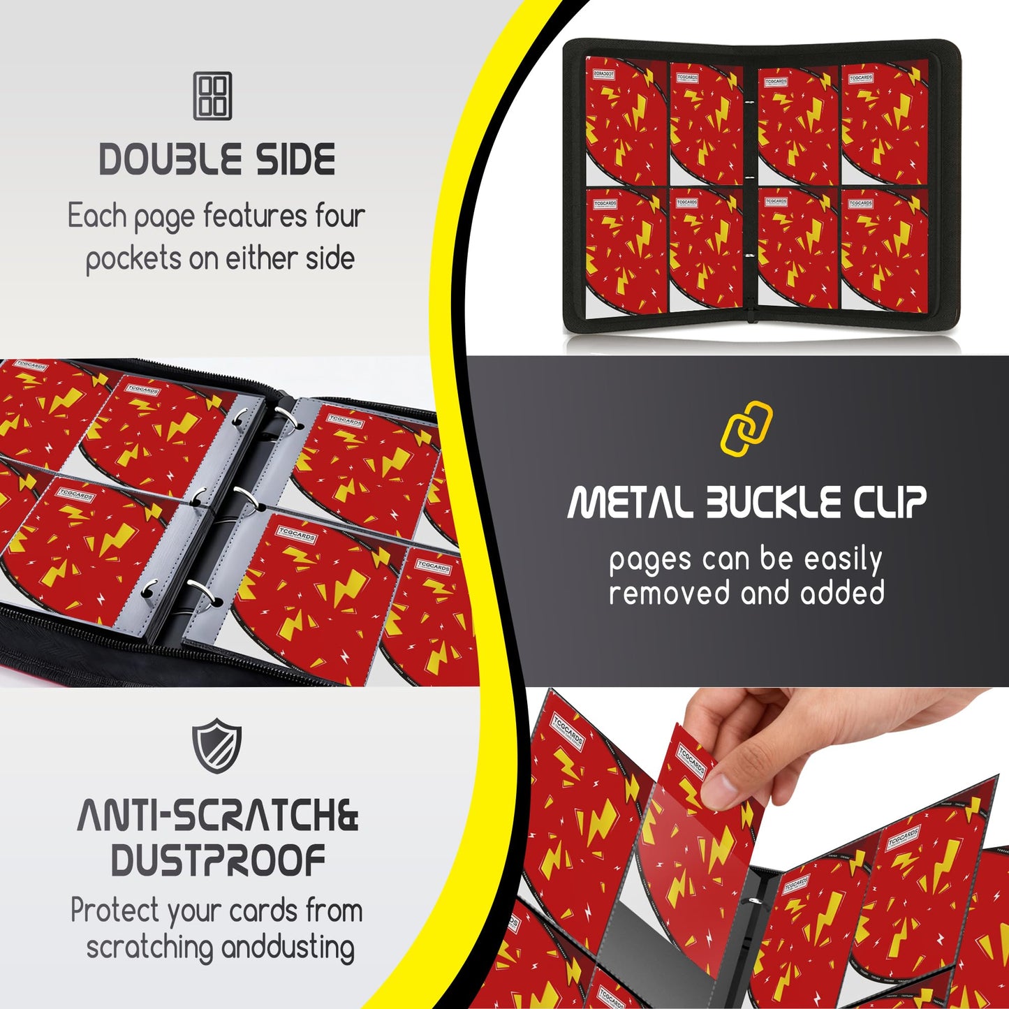 Trading Card Binder 4 Pocket,400 Pocket Card Collection Binder with 50 Removable Sleeves,PU Waterproof Top Card Book,3-Ring Zipper Collectible Trading Card Album for MTG/TCG/Card Holder Gift（Red）