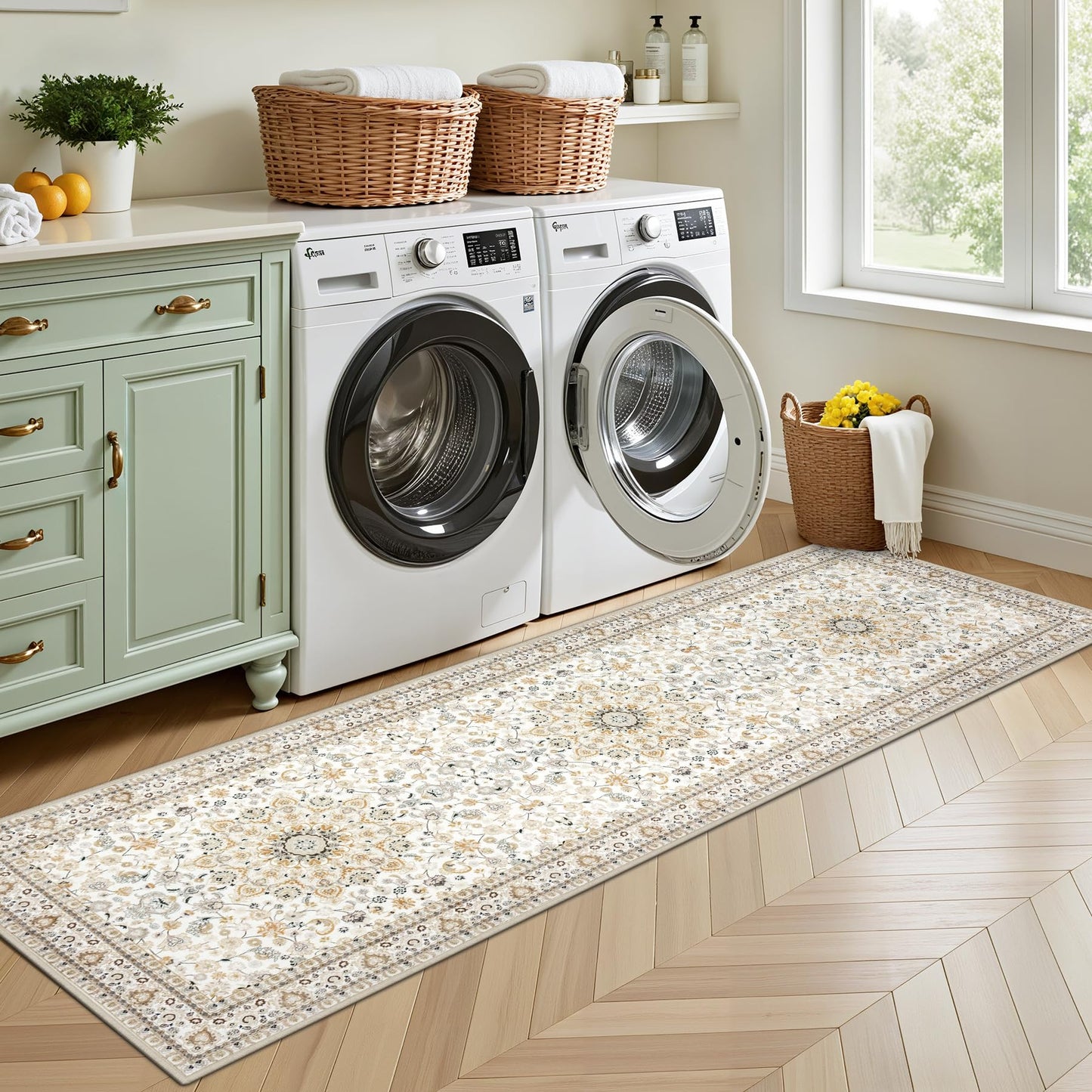 Hallway Runner Rug Non Slip - Washable 2.6x8 Kitchen Rugs for Living Room, Low-Pile Soft Bedroom Rug Indoor Floor Stain Resistant Carpets for Entryway, Laundry, Bathroom Beige