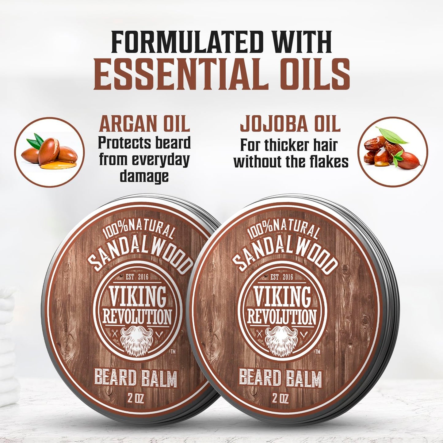 Viking Revolution Sandalwood Beard Balm for Men (2oz) and Sandalwood Beard Oil (1 fl oz) Bundle - With Argan and Jojoba Oils - Soften and Moisturize - Stocking Stuffers for Men