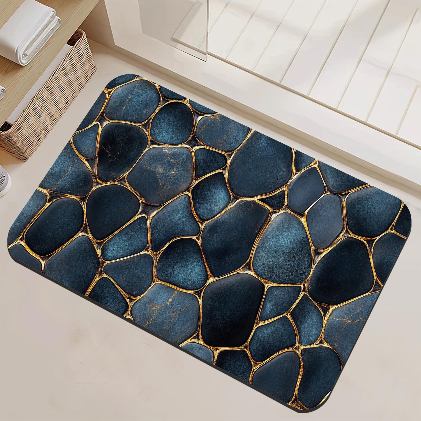 NSMNSM Blue Gold Pebbles Bath Mat Non-Slip Bathroom Rugs, Rubber Backing Absorbent Quick Dry Shower Bathroom Mats for Bathtub, Bedroom, Laundry, Christmas Decorations, 17"x 29.5"