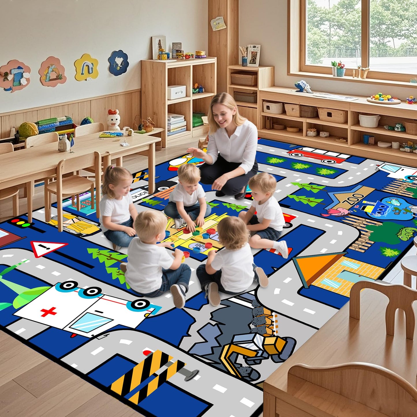 Car Rugs for Kids 6x9 Feet - Large Car Road Rug for Playroom Kids Carpet Playmat Rug City Life Road Map Carpets Classroom Nursery Kid Play Rugs, Blue