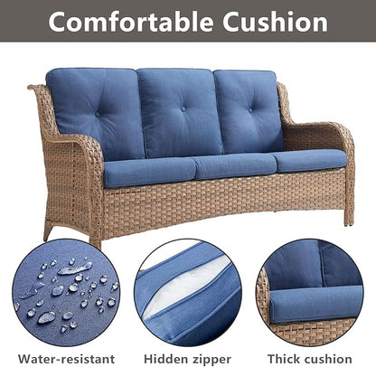 Rilyson Patio Furniture Swivel Chairs Set - 7 PC Wicker Rattan Outdoor Sectional Conversation Sets with 2 Rocking Chairs,2 Ottoman,1 Sofa,1 Loveseat and 1 Coffee Table for Porch Deck(Yellow/Blue)