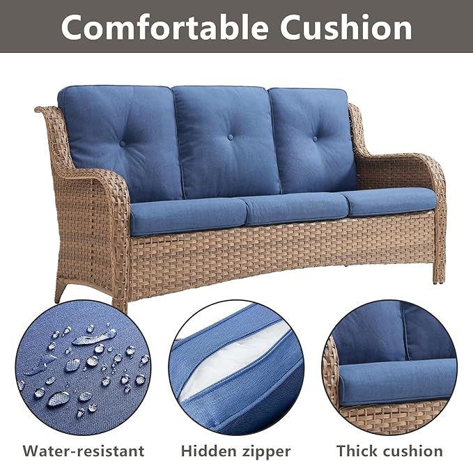 Rilyson Patio Furniture Swivel Chairs Set - 7 PC Wicker Rattan Outdoor Sectional Conversation Sets with 2 Rocking Chairs,2 Ottoman,2 Sofa and 1 Coffee Table for Porch Deck Garden(Yellow/Blue)