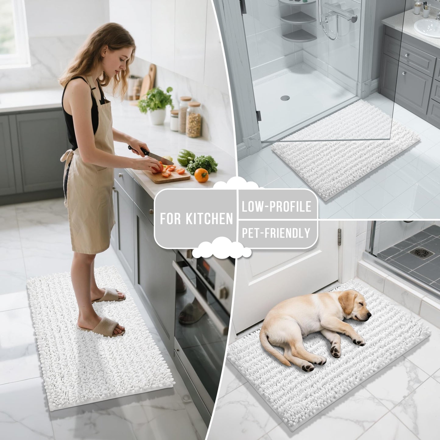 Yimobra Bathroom Rugs Sets 2 Piece - Quick Dry Extra Thick Luxury Chenille Bath Mat, Non Slip Super Absorbent for Tub Shower Sink, Machine Washable Shaggy Floor Mat, 32"x20"+24"x17" Inch, White