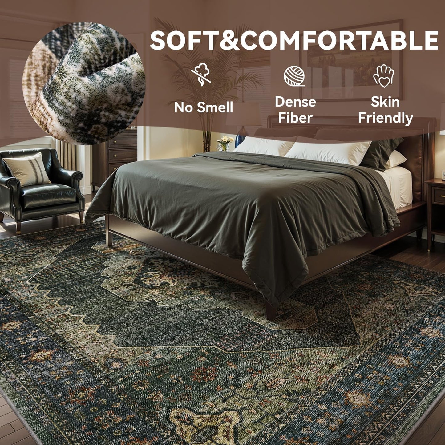 Engiw Olive Green 8x10 Area Rugs for Living Room Bedroom Rug Washable Vintage Neutral Farmhouse Rug Carpet Dining Room Rugs Office Retro Oriental Easy Clean Non Slip Large