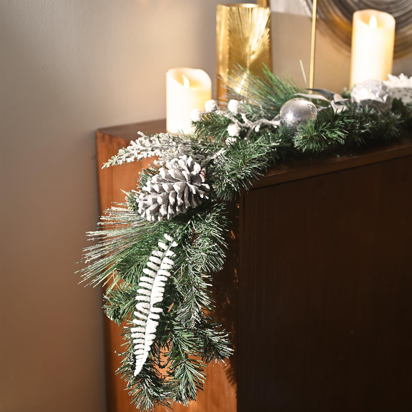 Valery Madelyn 9 Feet Pre-Lit Christmas Garland with Lights for Mantle, Lighted Outdoor Xmas Garland with Silvery White Ball Pinecones for Home Stairs Fireplace Table Centerpiece Indoor Holiday Decor
