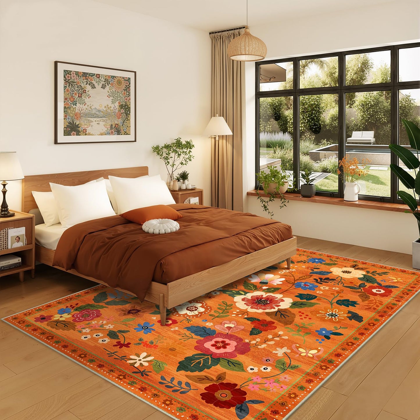 RELEANY Floral 5x7 Area Rugs Washable Print Boho Cute Carpet Non Slip Flower Low Pile for Living Room Bedroom Kitchen Office Farmhouse-Burnt Orange