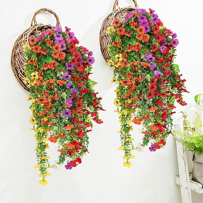 DOUBFIVSY Artificial Hanging Flowers for Outdoors, 4 Pcs Fake Hanging Plant Spring Summer Decor, UV Resistant Waterproof No Fade Faux Flower for Front Door Porch Patio Planter Garden (Mixed Color)