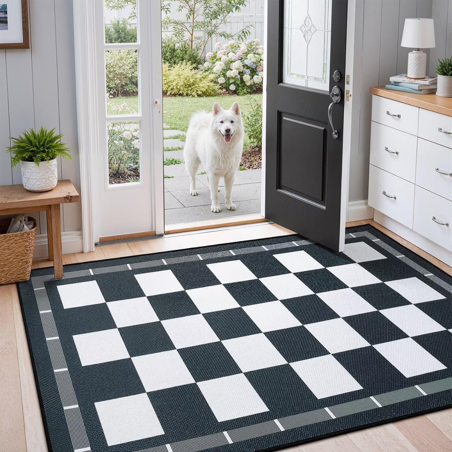Vasofe Plaid 3x5 Outdoor Patio Rug,Checkered Jute Entryway Rugs, Washable Black and White Indoor Bedroom, Farmhouse Neutral Front Door Mat,Modern Carpet for Porch Patio Balcony Kitchen