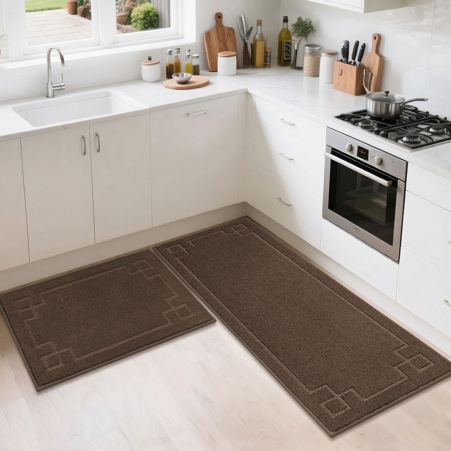 BEQHAUSE Kitchen Rugs Non-Slip Washable Rug Sets of 2, Machine Washable Kitchen Mats Absorbent Soft Kitchen Runner Rugs for Floor, Sink, Hallway, Laundry, 24"x36"+24"x60", Brown