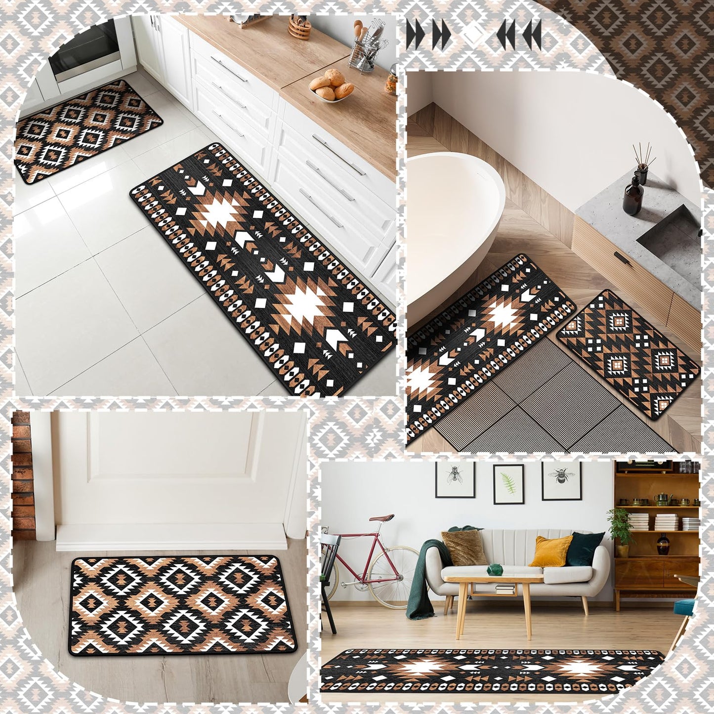 Drydiet 3 Pcs Aztec Western Kitchen Rugs and Mats Set Boho Farmhouse Non Slip Rug Geometric Waterproof Floor Mat Aztec Western Decor for Kitchen Home Entryway Bar Office Bathroom Door Party Decor
