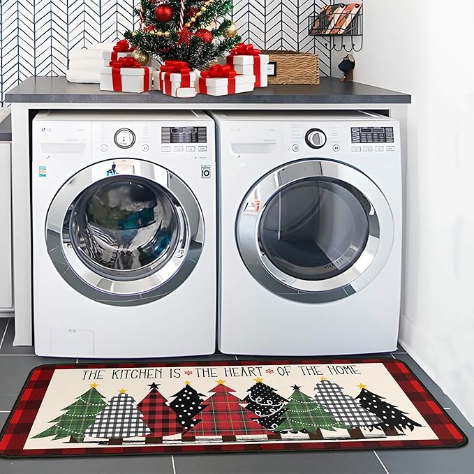 Buffalo Plaid Xmas Trees Merry Christmas Red Kitchen Rugs Set of 2, Non Skid Washable Soft Comfort Kitchen Rugs Set (17"x47"+17"x30",Merry Christmas)