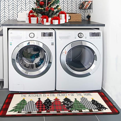 Buffalo Plaid Xmas Trees Merry Christmas Red Kitchen Rugs Set of 2, Non Skid Washable Soft Comfort Kitchen Rugs Set (17"x47"+17"x30",Merry Christmas)