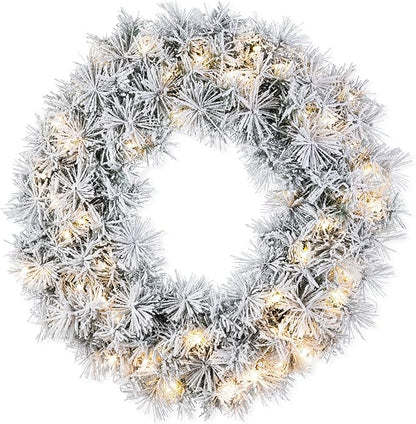Glitzhome Pre-Lit Christmas Wreath with Lights for Front Door Wall Window Xmas Decor, Snow Flocked 24" D