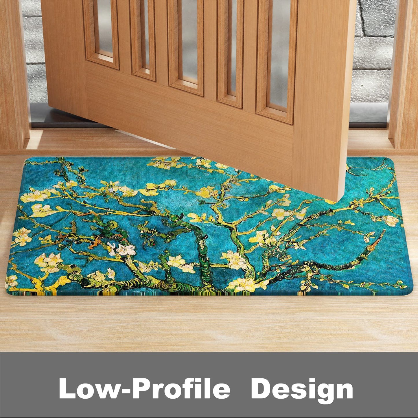 Rnivvi Front Door Mat, 30"x17" Flower Theme Indoor Outdoor Welcome Mat, Heavy Duty Low Profile Anti-slip Entryway Rug for Home Entrance, Floor, Patio Entry, Mud Room, Cute Van Gogh Almond Tree Doormat