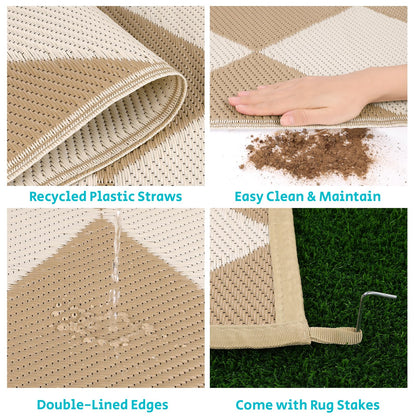 HEBE Checkered Outdoor Rug Waterproof 8x10, Reversible Plastic Straw Rug RV Camping Rug, Indoor Outdoor Patio Mat Clearance, Outside Carpet for Porch,Deck,Camper,Balcony,Backyard,Picnic