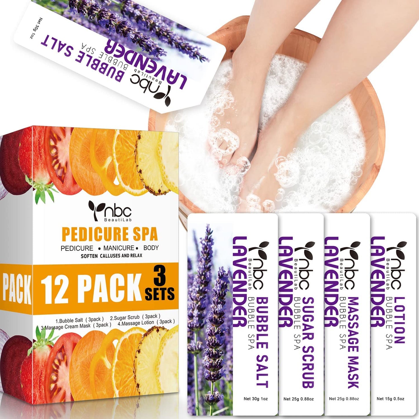 Pedicure Kit Foot Soak Set: Bubble Salt, Sugar Scrub, Massage Mask, Massage Lotion in a Box, 4 Step Foot Spa Kit for Dry Feet,Tired Feet（3 Set Tropical Fruit)
