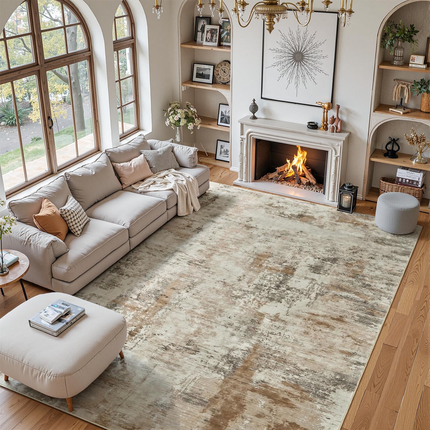6x9 Area Rugs for Living Room, Washable Rugs for Bedroom, Modern Abstract Rug with Non-Slip Silicone Backing, Low Pile Soft Carpet for Dining Dorms Room Nursery Office Indoor Home Decor (Brown&White)