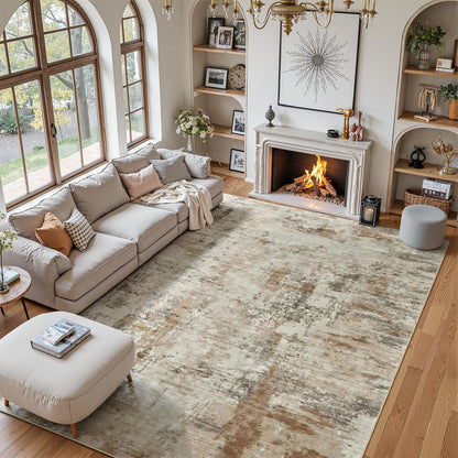 6x9 Area Rugs for Living Room, Washable Rugs for Bedroom, Modern Abstract Rug with Non-Slip Silicone Backing, Low Pile Soft Carpet for Dining Dorms Room Nursery Office Indoor Home Decor (Brown&White)