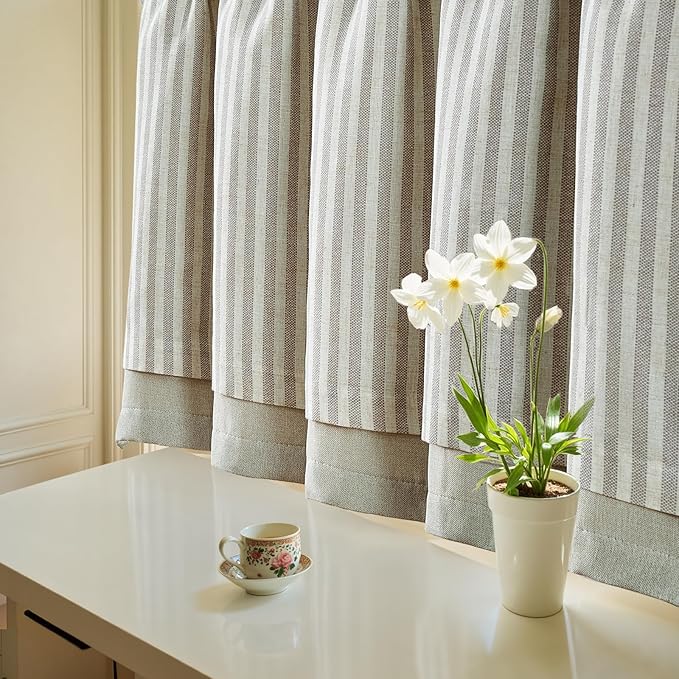 jinchan Double Layer Striped Linen Kitchen Tier Curtain Rustic Cafe for Living Room Bathroom Half Window Curtain Light Filtering Rod Pocket 1 Panel 36 Inch Taupe Grey