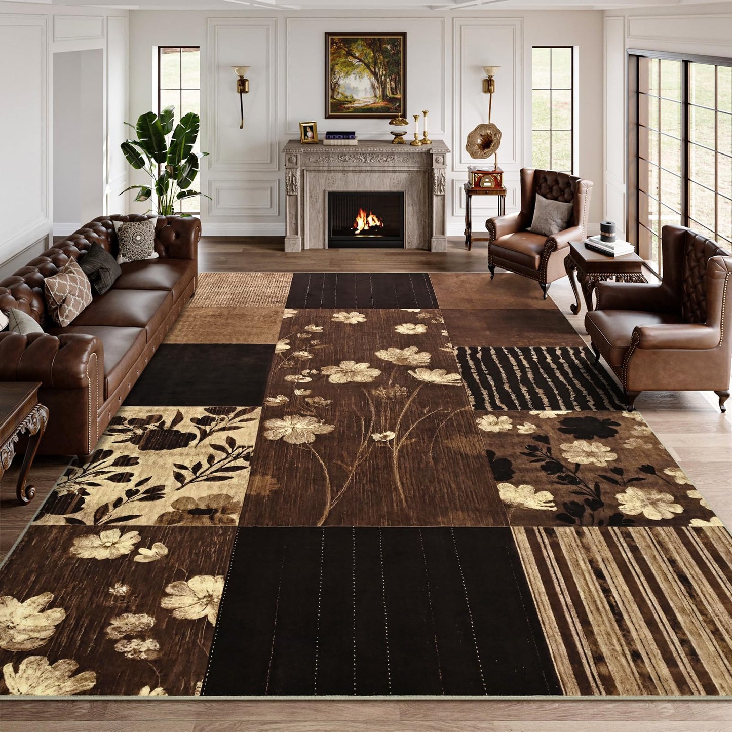 DweIke Area Rugs 4'x6' Washable Dark Brown Rug for Living Room, Non-Slip Modern Geometric Patchwork Stain Resistant Indoor Throw Carpet for Bedroom Dining Room Farmhouse Office Decor
