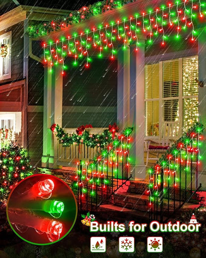 Christmas Lights Outdoor, 53 FT 486 LED Christmas Lights for Outside, Timer & Memory, Plug in 8 Modes Hanging Fairy Light with 108 Drops for House Eaves Yard Patio Decorations, Red Green