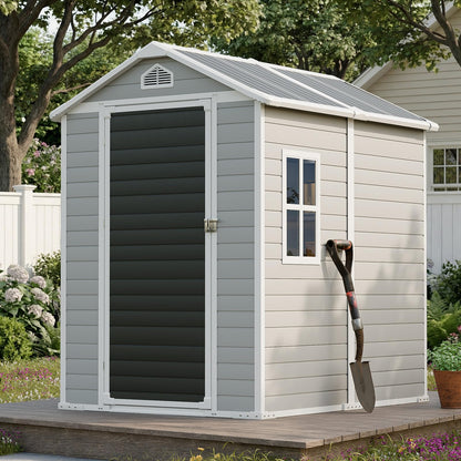 WELYAS 8x6 FT Resin Storage Shed with Floor Windows Lockable Double Door Vents, Large Waterproof Plastic Garden Sheds for Outdoor Backyard Storage Tools Lawnmover, Gray