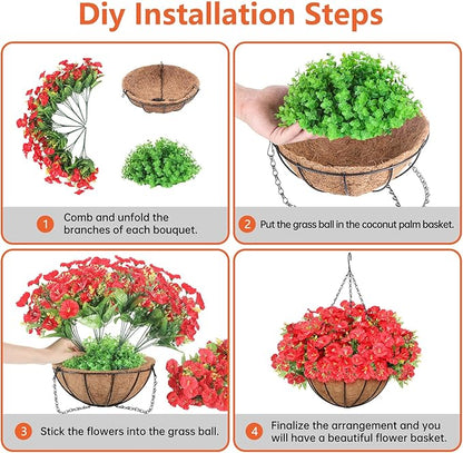 Artificial Hanging Flowers Basket, Fake Plants, for Spring Summer Outdoor Decoration, Faux Silk Petunias Eucalyptus,UV Resistant, Coconut Planter wtih Morning Glories, for Porch Garden Decor (Red)