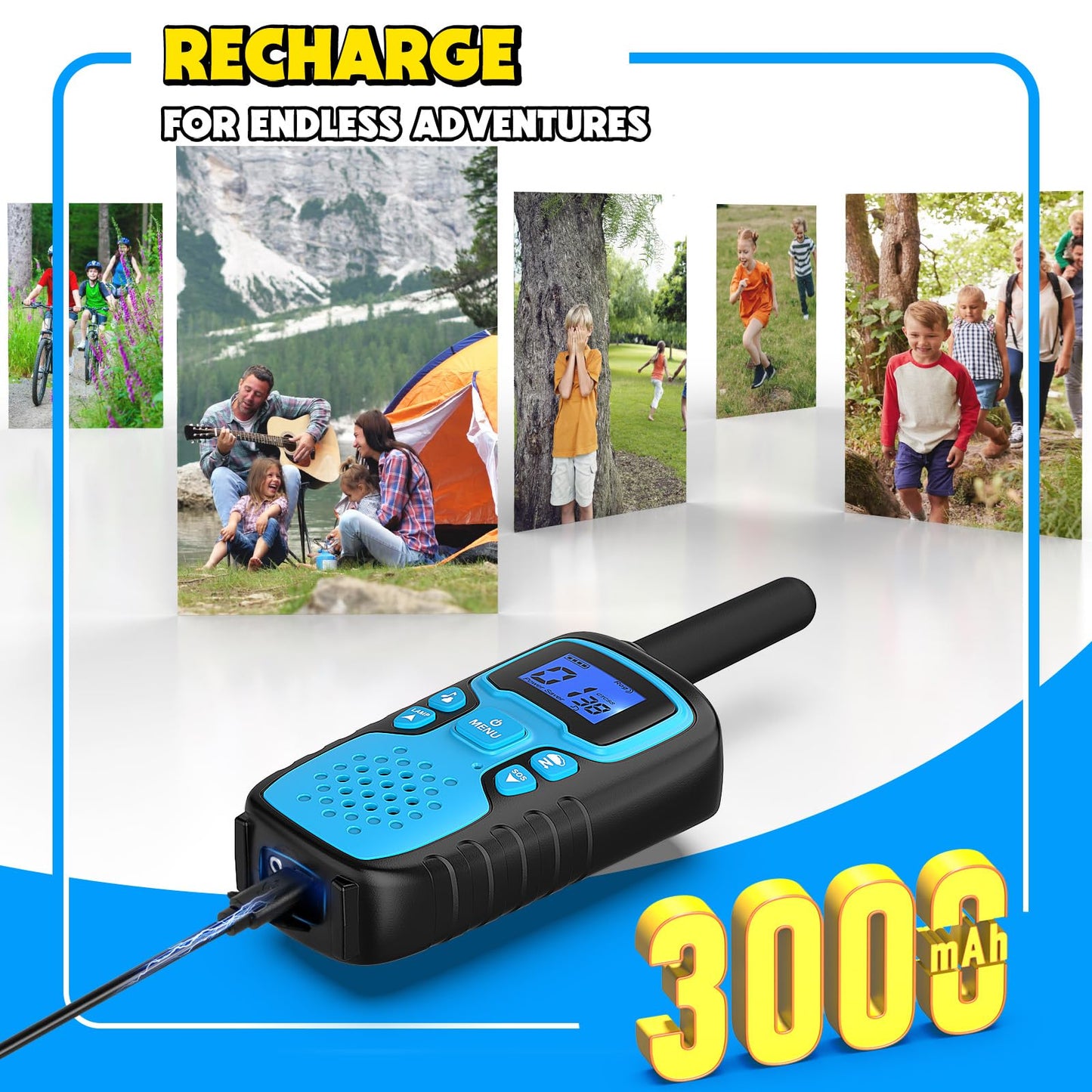 Wishouse Walkie Talkies for Kids Rechargeable Long Range,Xmas Birthday Gift for 4 5 6 7 8 9 Year Old Boys Girls,Hiking Gear Camping Games Cool Toys with NOAA,SOS Siren,Lamp,Lanyards,Easy to Use,2 Pack