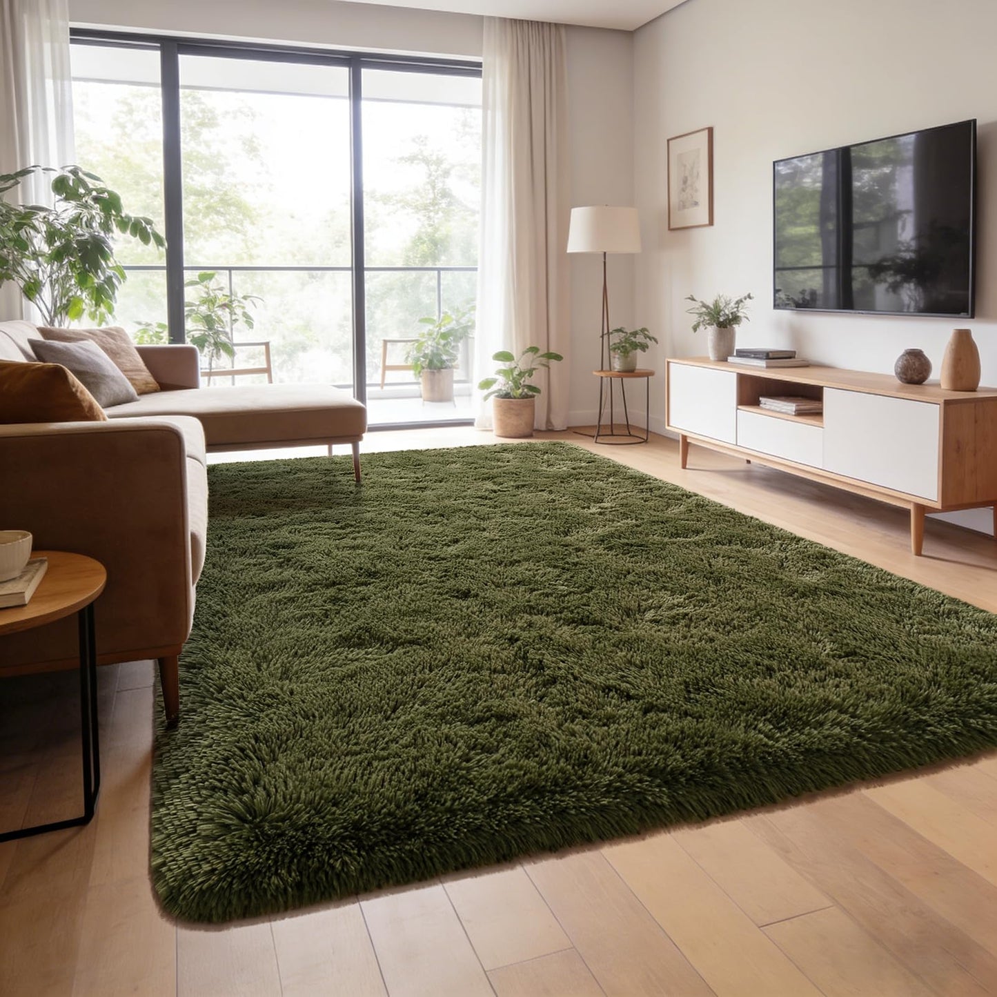 Andecor Shag Area Rug for Living Room, 5 x 8 Feet Olive Green Soft Fluffy Indoor Plush Throw Rugs for Bedroom Girls Kids Room Nursery Dorm Home Decor Carpet