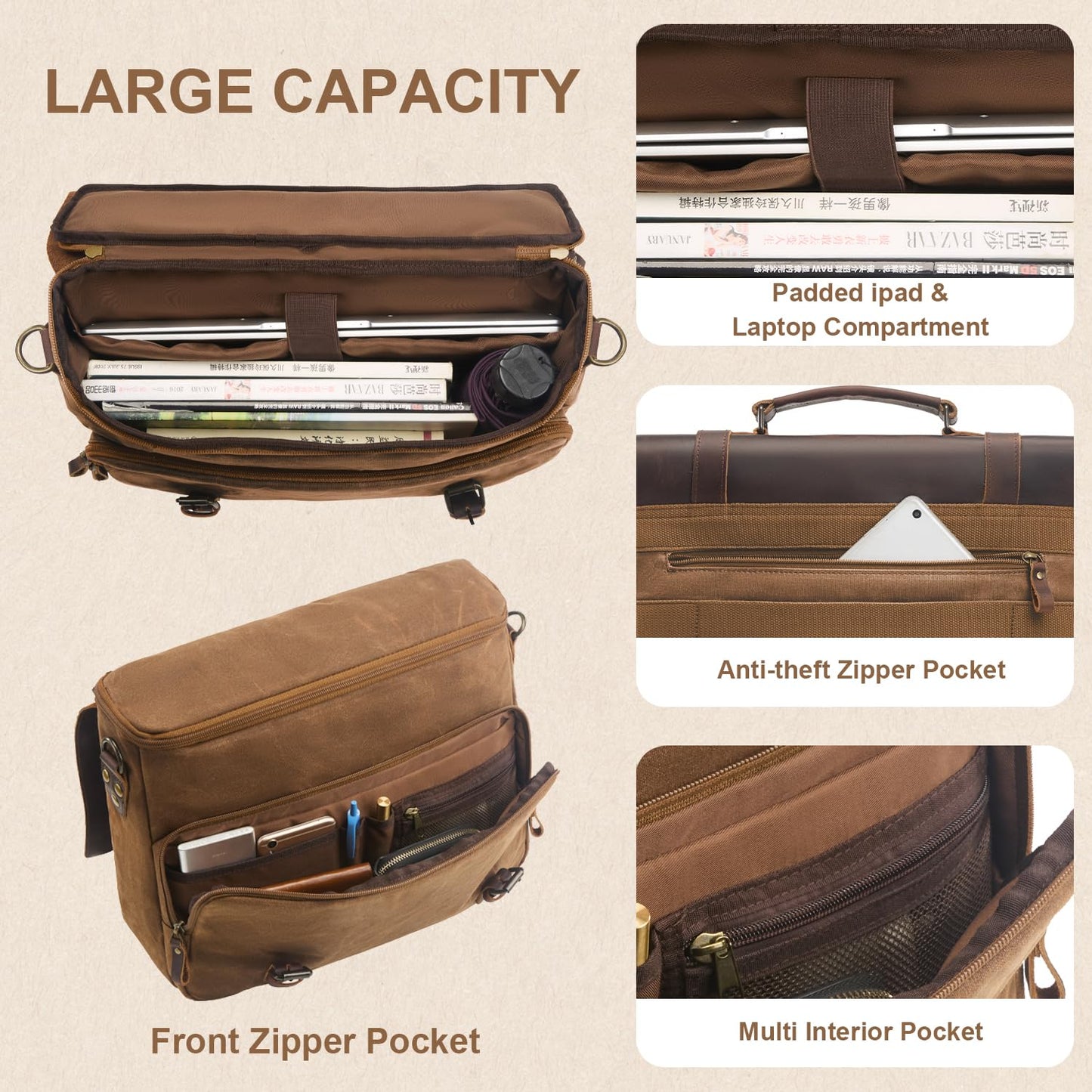 Men's Messenger Bag Waxed Canvas Briefcase 16 Inch Vintage Genuine Leather Computer Laptop Bags Waterproof Satchel Shoulder Bag for Work/Business/Office