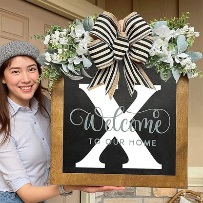 16 inch Last Name Welcome Wreath for Front Door - Spring, Summer, Autumn, Winter Decor - Eucalyptus and Bow Wreath for Porch, Wall, Window (X)