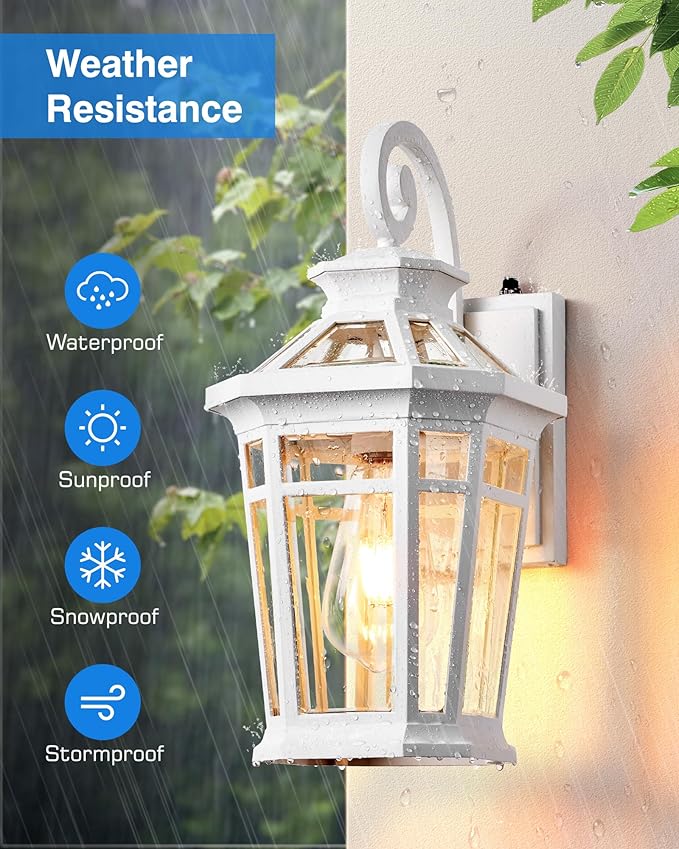 Dawn to Dusk Outdoor Light Fixture, White Front Porch Lights Wall Mount, Exterior Sconce Light with E26 Socket, Anti-Rust Coach Lights for Garage, Waterproof Outdoor Lighting for House, Patio
