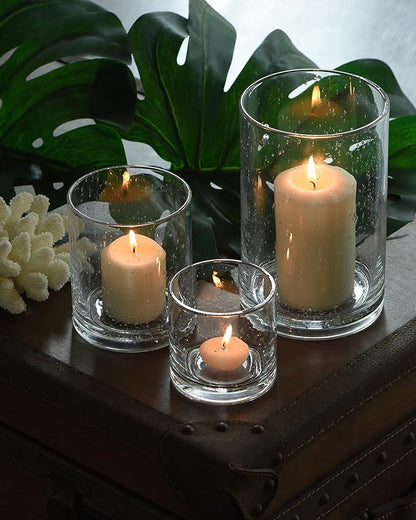 ARIAMOTION Hurricane Glass Candle Holders Set, Pillar Votive,Clear Seeded Bubbles Cylinder Vase,Modern Rustic Table Centerpieces Bulk, 3 Sizes 8 Inch 5 Inch 3.5 Inch Height