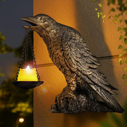 Halloween Decorations Outdoor Indoor Gothic Crow Wall Decor Table Candle Holder Raven Tealight Statue for Yard Patio Garden Bedroom Half Gold