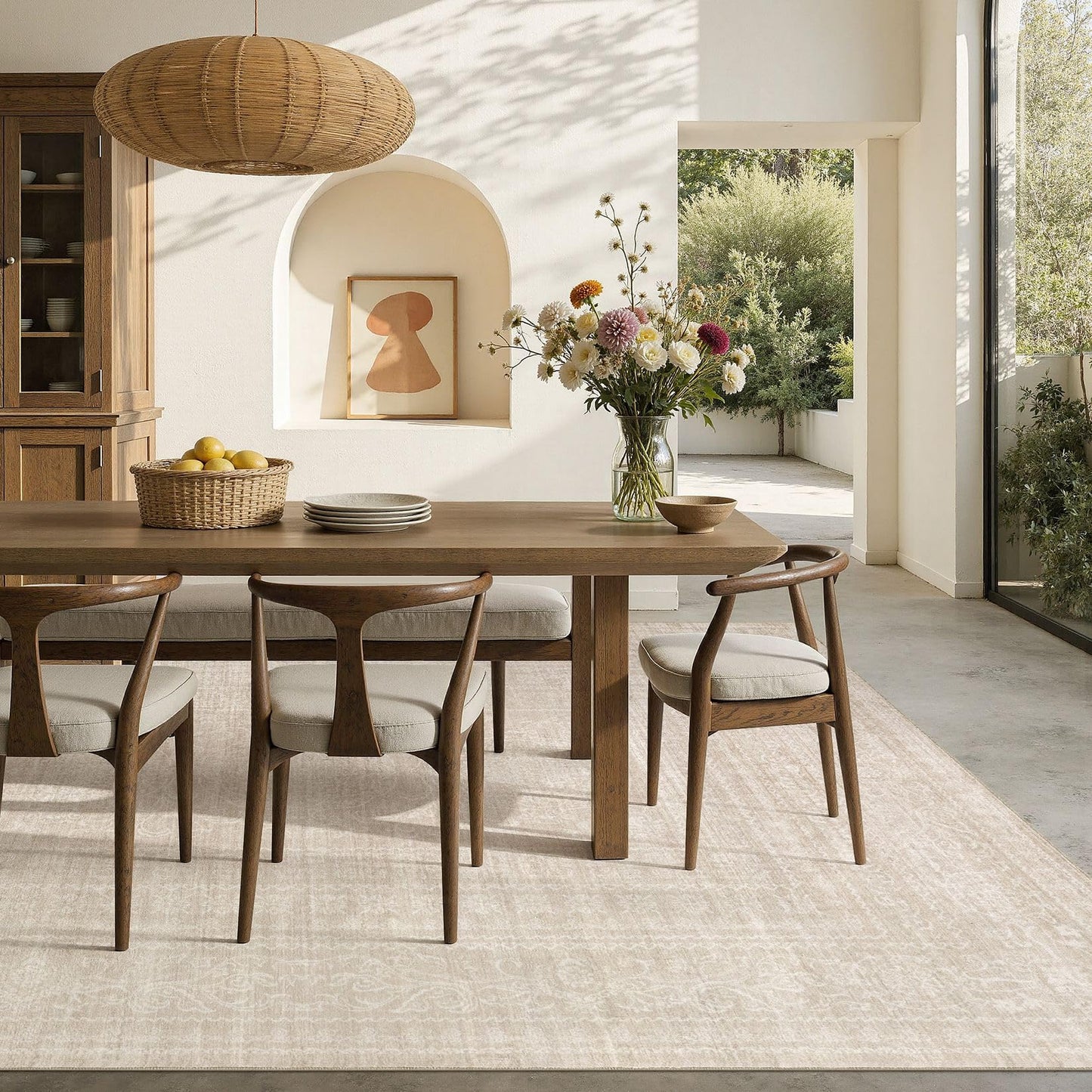 Nakagishi 10x14 Area Rugs Living Room: Washable Large Vintage Rug Neutral Non-Slip Soft Stain Resistant Indoor Carpet for Bedroom Nursery Dining Room Office Playroom - Beige