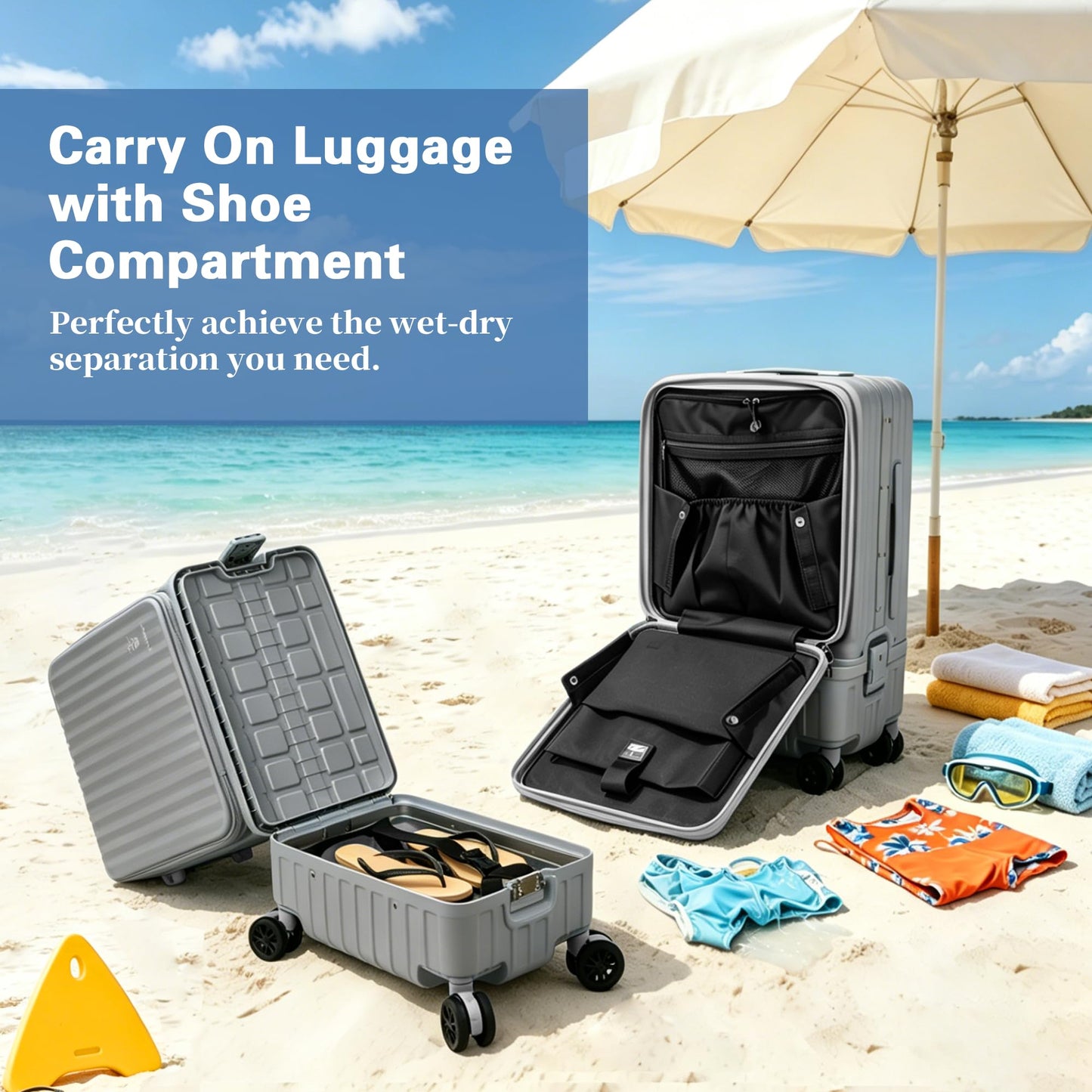 Solaraft Carry On Luggage with Shoe Compartment, 22x14x9 Airline Approved Lightweight Duffle Suitcase Wet Dry Separation, 20 Inch Spinner for Gym Swim Beach Weekend Sports Travel Men Women (Grey)