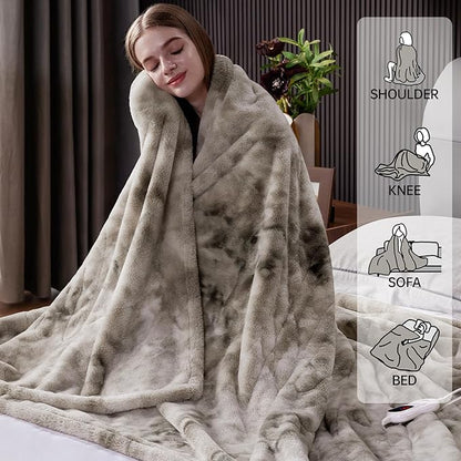 Guohaoi Heated Blanket Electric Throw, Soft Faux Rabbit Fur Electric Blanket with 10 Heating Levels 5 Sitting Timer Auto Off, Cozy Warm Heating Blankets, Machine Washable(90"×100" Light Grey)