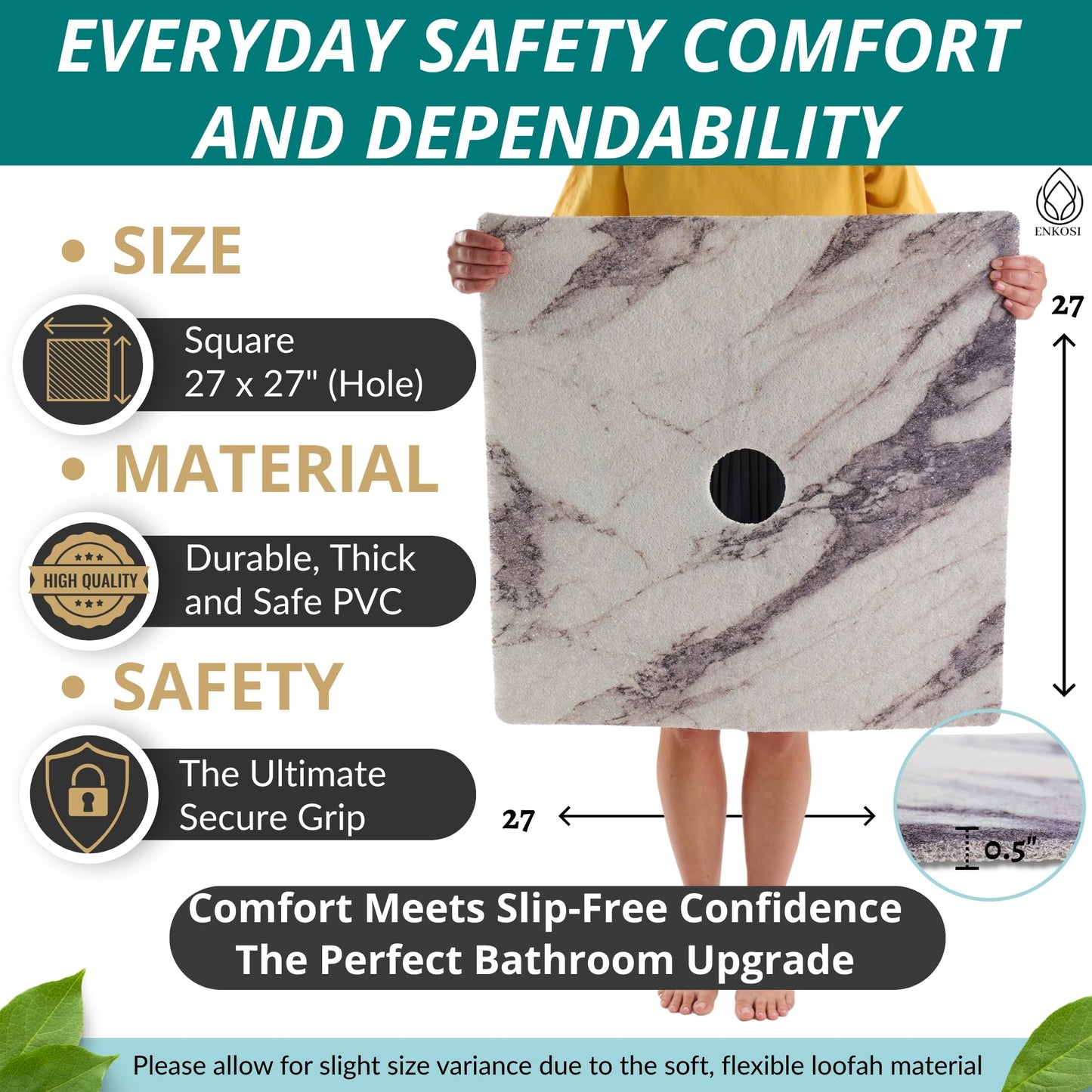 Enkosi Loofah Shower Mat with Drain Hole – Cushioned Anti-Slip Square Bath Mat for Showers, Wet Bathroom Floors – Textured PVC, Secure Non Slip Safety Pad for Walk-in Stalls (27x27 Marble Grey)