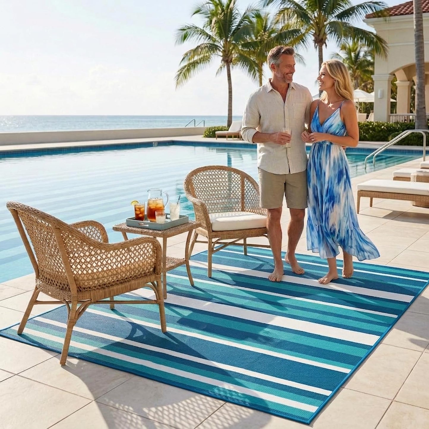LANVIA Outdoor Patio Rug Camping Essentials - 4x6 FT Outdoor Plastic Straw Rug for Patio Clearance, Waterproof RV Essentials Outside Area Rugs for Deck Garden, Backyard Patio Furniture Set, Blue