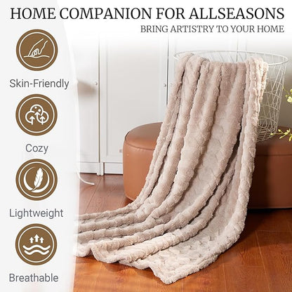 Checkered Fleece Throw Blankets-Cozy Fluffy Soft Lightweight Luxury Blanket for Travel, Sofa, Couch, Bed & Car, Gifts for Teen Girls, Women and Men, Home and Dorm Decor, Beige, 50" x 70"