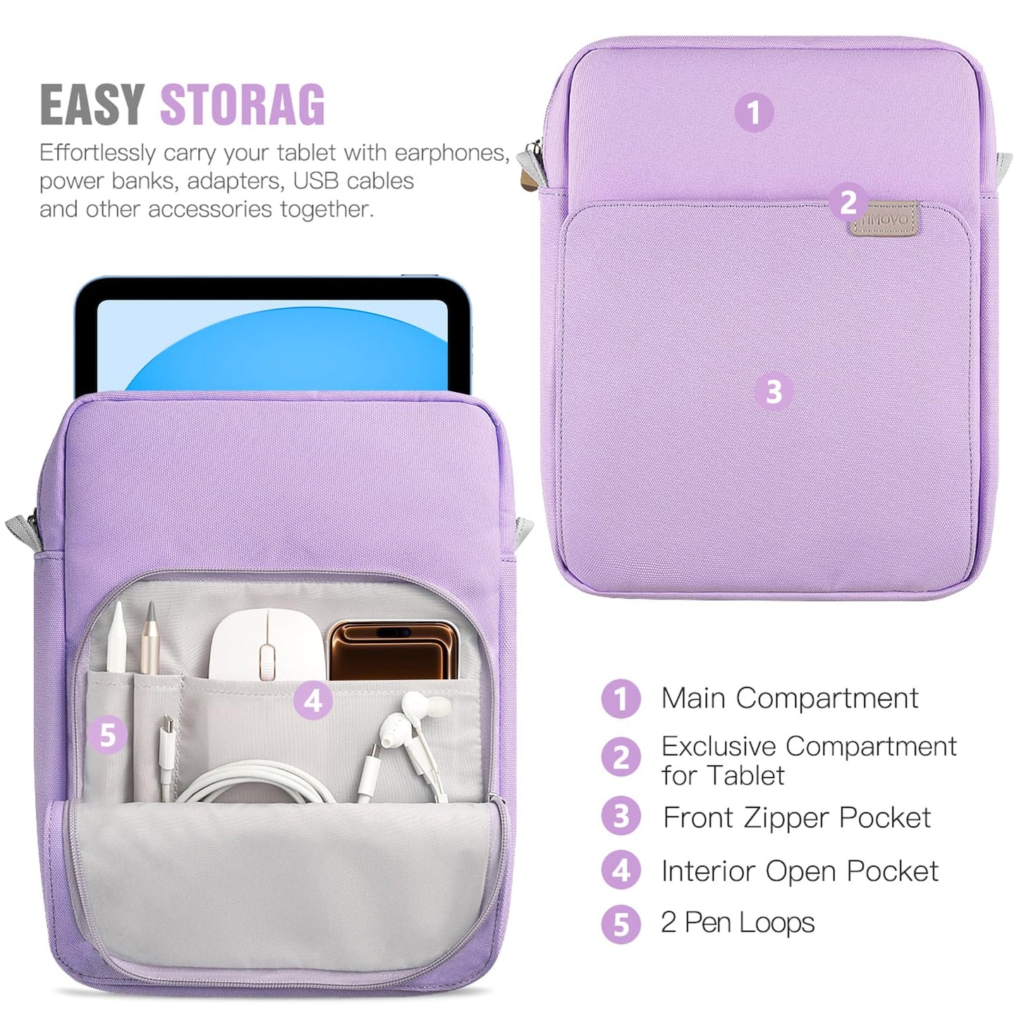 TiMOVO 9-11 Inch Tablet Sleeve Bag with Shoulder Strap for iPad 11-inch A16 2025, iPad 10th Gen. 10.9"/10.2", Galaxy Tab A9+/A11Plus 11", Purple