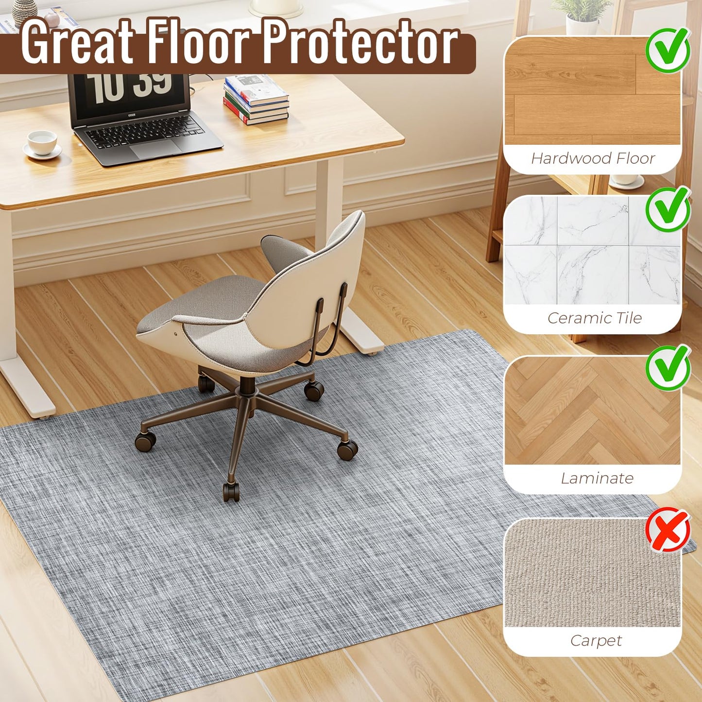 Wansimoo Office Chair Mat for Hardwood and Tile Floor, 36"x48" Floor Mat, Heavy Duty Computer Gaming Chair Mat, Anti-Slip, Non- Curve, Desk Chair Mat,Floor Protector for Home Office(Grey)