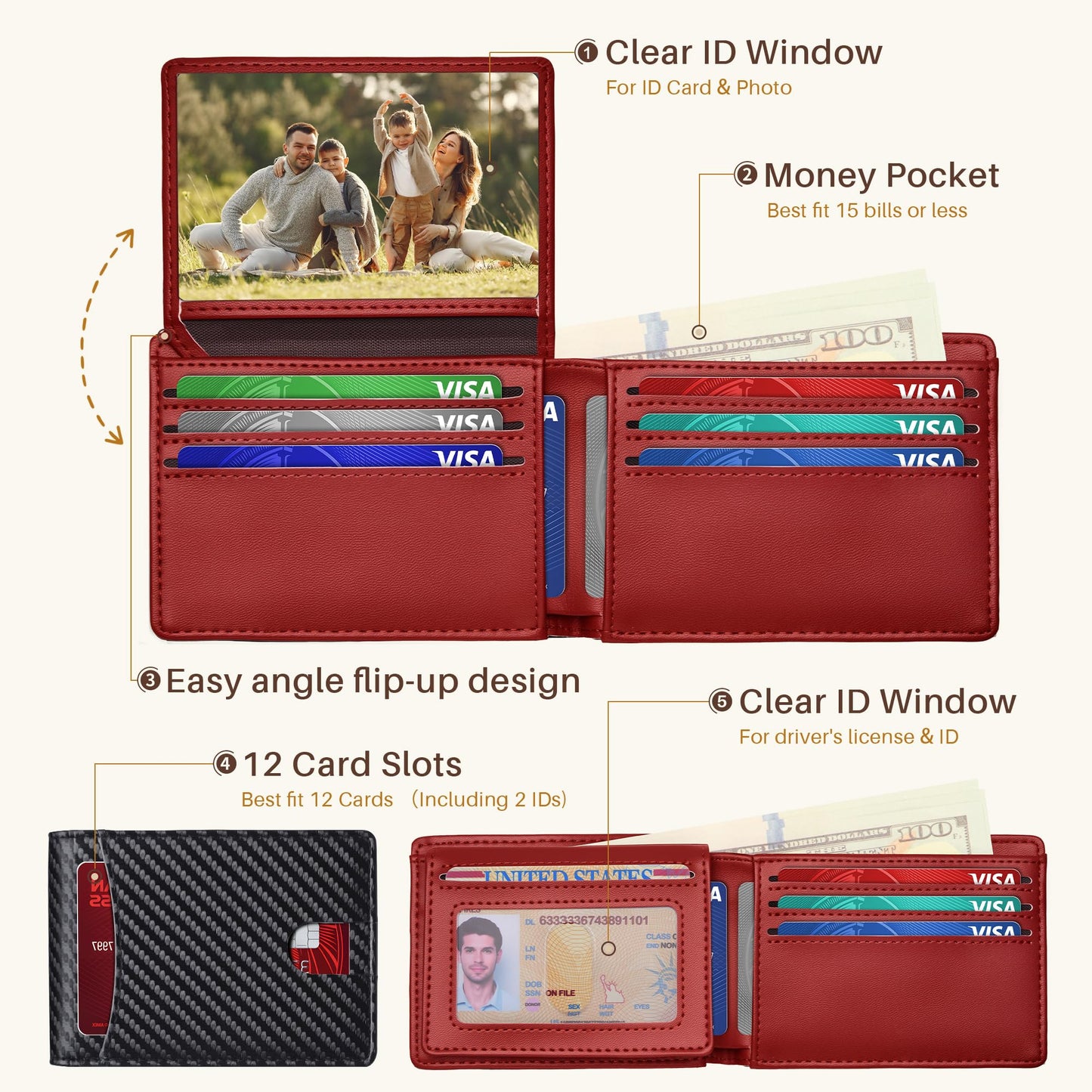 Tipmile Wallet for Men Slim RFID Blocking Credit Card Holder, Minimalist Men Wallets 12 Cards with 2 ID Windows & Cash Slot, Bifold Front Pocket Wallet Gifts for Men