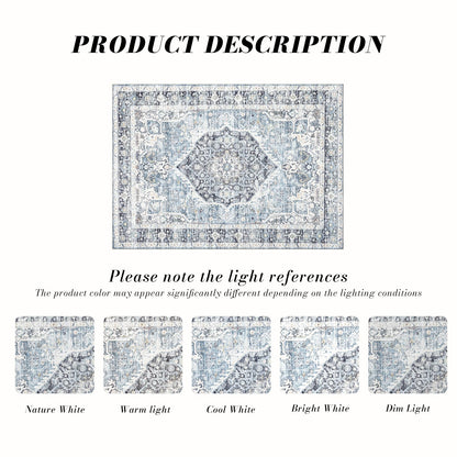 Domitapis Area Rug 8×10, Large Vintage Boho Rug,Ultra-Soft Low Pile, Washable, Non Slip,Stain Resistant, Printed Carpet for Living Room Bedrooms Playroom Office Kitchen, Light Blue